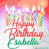 Bright birthday candles with rainbow flames on a cake, alongside the text 'Happy Birthday Esabella' in vibrant script in this celebratory animated GIF.