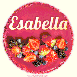 Beautifully decorated red velvet berry birthday cake with vibrant fruits and a glowing 'Esabella' name, adding a touch of sweetness and sparkle.