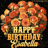 Animated bouquet of orange roses with moving butterfles and golden 'Happy Birthday Esabella' text, surrounded by sparkling accents and a dark backdrop for a luxurious feel.