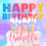 A vibrant animated name GIF with the words 'Happy Birthday Esabella' with colorful candles on a creamy cake. The background sparkles with pastel shades, adding a festive touch.