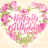 A stunning heart made of pink roses surrounds the elegant script text 'Happy Birthday Eseld' on a soft beige background. Animated sparkles add a magical and festive feel.