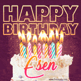 A colorful birthday cake topped with lit candles, with the words 'Happy Birthday Esen' in bold glowing letters on a burgundy background. Animated flames add a festive touch.