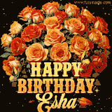 Animated bouquet of orange roses with moving butterfles and golden 'Happy Birthday Esha' text, surrounded by sparkling accents and a dark backdrop for a luxurious feel.