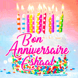 A white birthday cake covered in colorful sprinkles, topped with bright candles, and French text 'Bon Anniversaire Eshaal' on a pastel gradient background in an animated GIF.