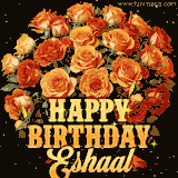 Animated bouquet of orange roses with moving butterfles and golden 'Happy Birthday Eshaal' text, surrounded by sparkling accents and a dark backdrop for a luxurious feel.
