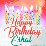 Bright birthday candles with rainbow flames on a cake, alongside the text 'Happy Birthday Eshal' in vibrant script in this celebratory animated GIF.
