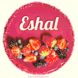 Beautifully decorated red velvet berry birthday cake with vibrant fruits and a glowing 'Eshal' name, adding a touch of sweetness and sparkle.