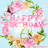 A charming animated GIF featuring 'Happy Birthday Esi' in pink and green text, surrounded by delicate roses, leaves, and fluttering butterflies on a soft light blue pastel background.