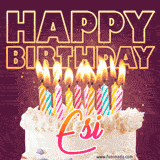 A colorful birthday cake topped with lit candles, with the words 'Happy Birthday Esi' in bold glowing letters on a burgundy background. Animated flames add a festive touch.