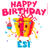 A vibrant and funny gift box character with a happy face dancing with a cupcake and the text 'Happy Birthday Esi,' surrounded by animated confetti and party vibes.