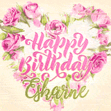 A stunning heart made of pink roses surrounds the elegant script text 'Happy Birthday Eskarne' on a soft beige background. Animated sparkles add a magical and festive feel.