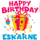 A vibrant and funny gift box character with a happy face dancing with a cupcake and the text 'Happy Birthday Eskarne,' surrounded by animated confetti and party vibes.
