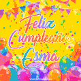 A bright and festive GIF with the text 'Feliz Cumpleaños Esma' in Spanish in colorful fonts, surrounded by confetti, balloons, and festive banners on a vibrant yellow background.