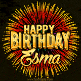 Golden 'Happy Birthday Esma' text accompanied by animated rainbow fireworks for a festive animated greeting.