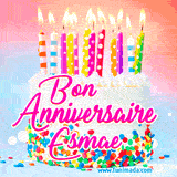 A white birthday cake covered in colorful sprinkles, topped with bright candles, and French text 'Bon Anniversaire Esmae' on a pastel gradient background in an animated GIF.