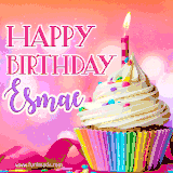 A vibrant birthday GIF featuring a rainbow-colored cupcake topped with white frosting, sprinkles, and a lit candle. The text reads 'Happy Birthday Esmae' in bold pink and violet letters with white outline.