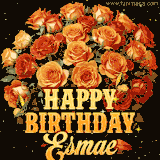 Animated bouquet of orange roses with moving butterfles and golden 'Happy Birthday Esmae' text, surrounded by sparkling accents and a dark backdrop for a luxurious feel.