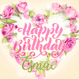 A stunning heart made of pink roses surrounds the elegant script text 'Happy Birthday Esmae' on a soft beige background. Animated sparkles add a magical and festive feel.