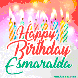 Bright birthday candles with rainbow flames on a cake, alongside the text 'Happy Birthday Esmaralda' in vibrant script in this celebratory animated GIF.