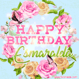 A charming animated GIF featuring 'Happy Birthday Esmaralda' in pink and green text, surrounded by delicate roses, leaves, and fluttering butterflies on a soft light blue pastel background.