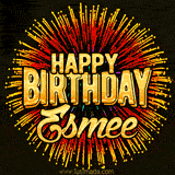 Golden 'Happy Birthday Esmee' text accompanied by animated rainbow fireworks for a festive animated greeting.