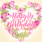 A stunning heart made of pink roses surrounds the elegant script text 'Happy Birthday Esmee' on a soft beige background. Animated sparkles add a magical and festive feel.