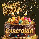 A delightful chocolate birthday cake with bright candles and 'Happy Birthday Esmeralda' written in gold amidst a shower of animated stars.