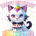 Cute cosmic cat with a birthday cake for Esmeralda surrounded by a shimmering array of rainbow stars