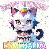Adorable party-themed animated cat next to a lit birthday cake with text that says 'Happy Birthday Esmeralda,' surrounded by colorful decorations and sparkles.