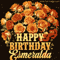 Beautiful bouquet of orange and red roses for Esmeralda, golden inscription and twinkling stars