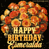 Animated bouquet of orange roses with moving butterfles and golden 'Happy Birthday Esmeralda' text, surrounded by sparkling accents and a dark backdrop for a luxurious feel.