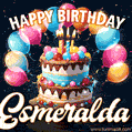 Hand-drawn happy birthday cake adorned with an arch of colorful balloons - name GIF for Esmeralda