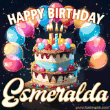 Bright birthday animation for Esmeralda with a chocolate cake, candles, balloons, and glowing celebratory lights.