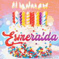 Personalized for Esmeralda elegant birthday cake adorned with rainbow sprinkles, colorful candles and glitter