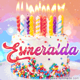 A cheerful white birthday cake with multicolor sprinkles, lit candles, and 'Esmeralda' written in vibrant letters, in an animated GIF.