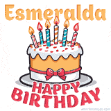 Cartoon birthday cake with a red bow, glowing candles, and 'Esmeralda Happy Birthday' text in bold animated style.