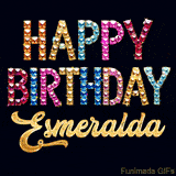 Vibrant luxury birthday greeting card for Esmeralda, showing glittering gemstone letters and golden calligraphy on a dark background with twinkling shine effects.
