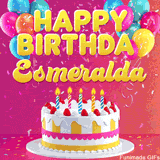 Pink-themed animated greeting with balloons, confetti, and a frosted cake under the message 'Happy Birthday Esmeralda' in bold rounded yellow font.