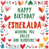 A colorful animated card for Esmeralda’s birthday featuring playful hearts, cheerful flowers, and a handwritten message wishing smiles and sunshine.