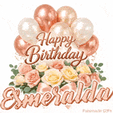 Seamlessly looping Happy Birthday Esmeralda wish with pastel flowers and balloons