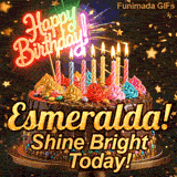 A customized birthday ecard for Esmeralda displaying a rich chocolate cake with a sparkly dark background.