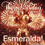 Beautiful ecard for Esmeralda showcasing red and gold helium balloons and spectacular exploding fireworks.