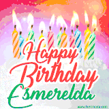Bright birthday candles with rainbow flames on a cake, alongside the text 'Happy Birthday Esmerelda' in vibrant script in this celebratory animated GIF.