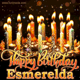 A glowing personalized birthday GIF with name Esmerelda featuring lit candles with intricate designs, warm lighting, and the text 'Happy Birthday' in an elegant font.