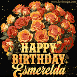 Animated bouquet of orange roses with moving butterfles and golden 'Happy Birthday Esmerelda' text, surrounded by sparkling accents and a dark backdrop for a luxurious feel.