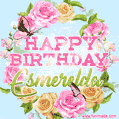 A charming animated GIF featuring 'Happy Birthday Esmerelda' in pink and green text, surrounded by delicate roses, leaves, and fluttering butterflies on a soft light blue pastel background.
