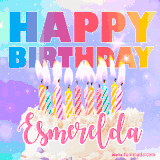 A vibrant animated name GIF with the words 'Happy Birthday Esmerelda' with colorful candles on a creamy cake. The background sparkles with pastel shades, adding a festive touch.