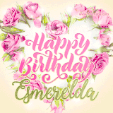 A stunning heart made of pink roses surrounds the elegant script text 'Happy Birthday Esmerelda' on a soft beige background. Animated sparkles add a magical and festive feel.