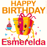 A vibrant and funny gift box character with a happy face dancing with a cupcake and the text 'Happy Birthday Esmerelda,' surrounded by animated confetti and party vibes.