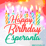 Bright birthday candles with rainbow flames on a cake, alongside the text 'Happy Birthday Esperanta' in vibrant script in this celebratory animated GIF.